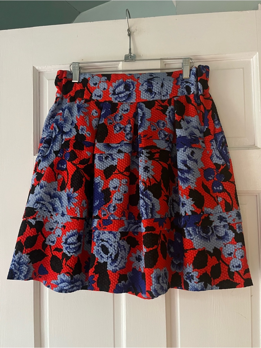 HD in Paris Red Floral Skater Skirt with Blue Blooms